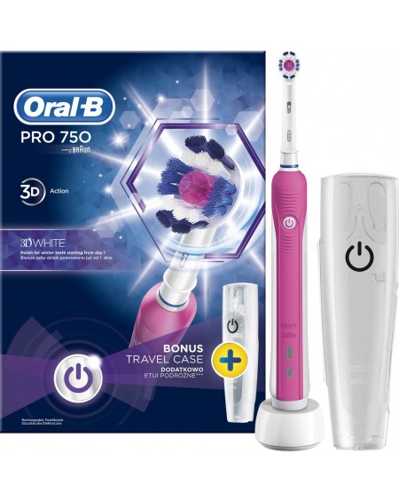 Oral-B Pro 750 3D White Pink Colour &amp; Bonus Travel Case
